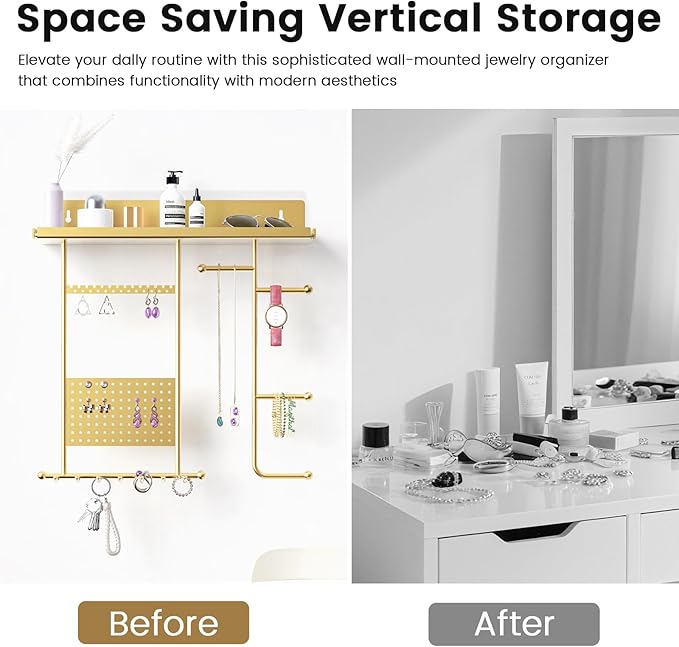 Wall Mounted Jewelry Organizer with Shelf: Metal Display Stand with Velvet Pad, Multi-Layer Necklace Hanging Rack for Bedroom Bathroom Space Saving No-Drill Wall Decor