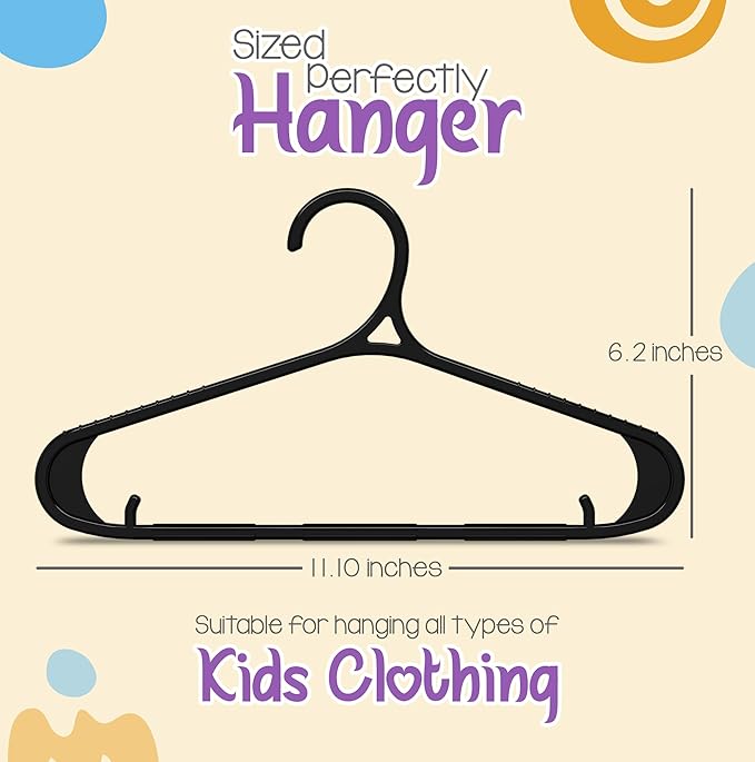Utopia Home Kids Hangers 20 Pack - 11 Inch Plastic Baby Hangers for Closet - Childrens Hanger for Clothes & Infant Hanger for Closet - Non-Slip Shoulder Grooves, Strap Hooks & Pants Bar (Black)