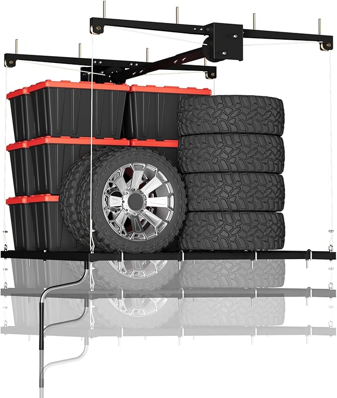 Garage Ceiling Storage Rack,Storage Elevator for Garage,4x4 ft Overhead Lift Storage with 350 Lb Capacity,Smooth Crank System, Space-Saving Design for Garage Organization