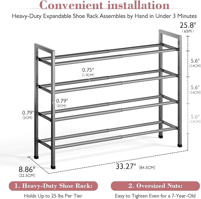 Bumusty 4-Tier Expandable Shoe Rack for Closet, 18“-33” Adjustable Shoe Rack for Small Space, Small Shoe Organizer for Front Door, Sturdy Metal, Gray