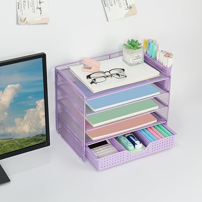 Desk Organizers and Accessories, 5-Tier Paper Letter Tray Organizer with Drawer & 2 Pen Holders, Desktop Organizer for Office Supplies (Purple)