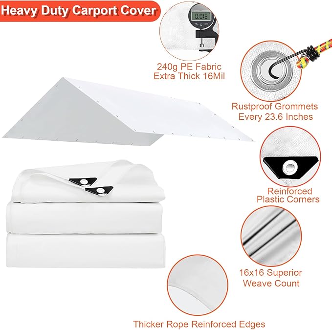 10 x 20 Ft Carport Replacement Canopy Cover Garage Top Tent Shelter Heavy Duty Waterproof UV & Tear Resistant Carport Cover Easy Assembly, White (Only Cover, Frame Not Include)