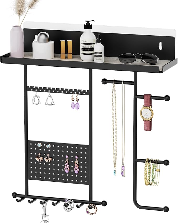 Wall Mounted Jewelry Organizer with Shelf: Metal Display Stand with Velvet Pad, Multi-Layer Necklace Hanging Rack for Bedroom Bathroom Space Saving No-Drill Wall Decor
