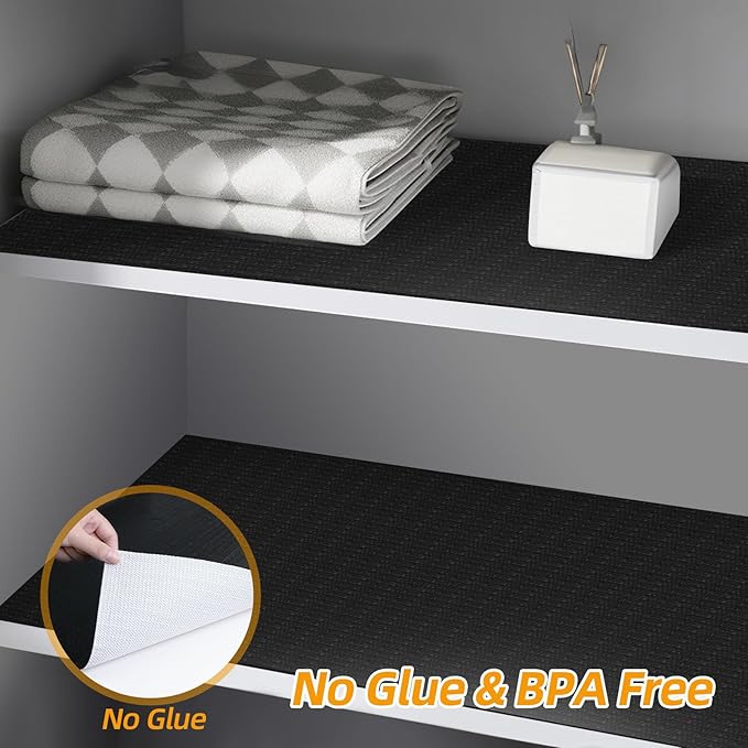 Shelf and Drawer Liner for Kitchen Cabinets Non-Adhesive, Strong Grip Non-Slip Thickened Cabinet Liners for Shelves, Waterproof Mats for Dresser Cupboard, Black, 12 in x 20 Feet
