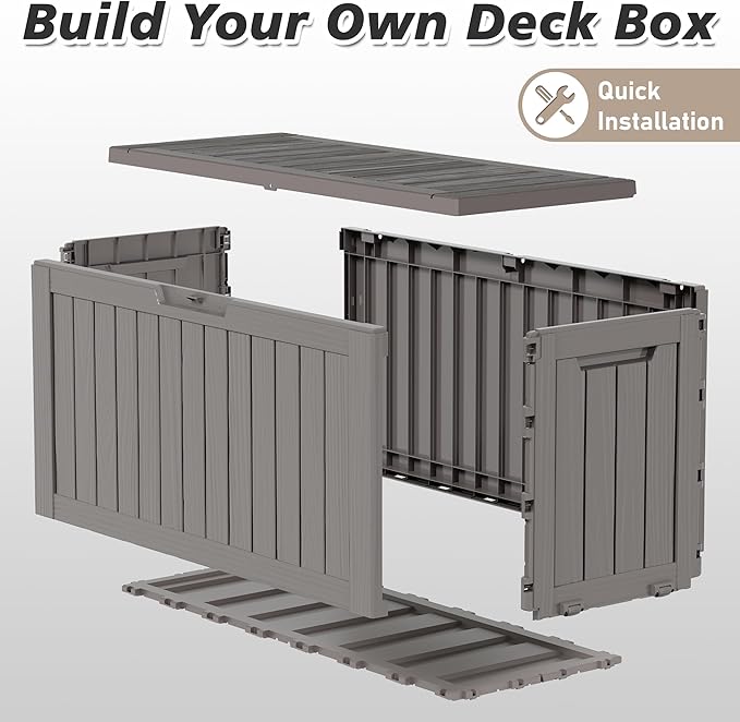 KAMABOKO Deck Box, 75 Gallon Resin Indoor and Outdoor Storage Boxes Waterproof for Garden Tools, Pool Accessories Storage Bench, Patio Furniture and Cushions with Lockable Lid, Grey