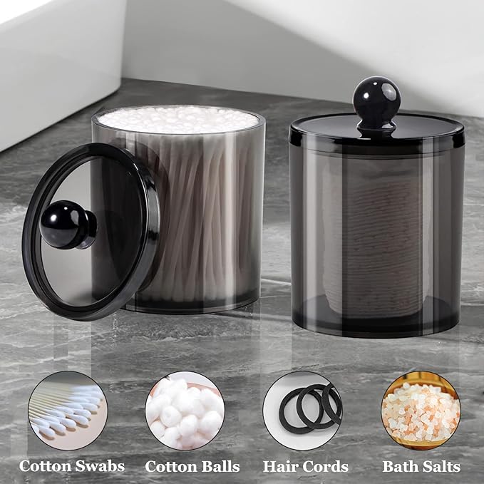SheeChung 6 Pack Qtip Holder,Black Qtip Dispenser Apothecary Jars with Lids for Cotton Swabs,Balls,Pads,12oz & 10oz Acrylic Bathroom Organizer Set - Shatterproof Minimalist Clear Storage Canisters