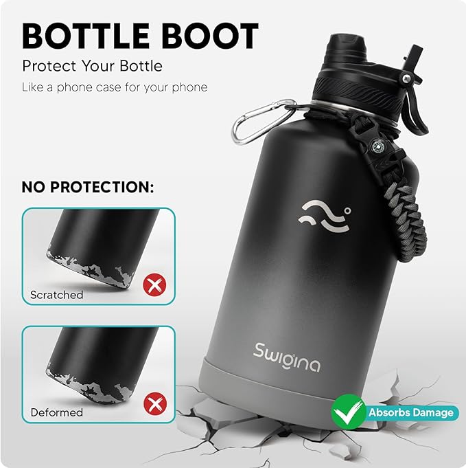 [2-IN-1 LID] 64 oz Insulated Water Bottle with Silicone Boot (48hrs Cold/24hrs Hot) - DIY Stickers, Leakproof, BPA Free, Half Gallon