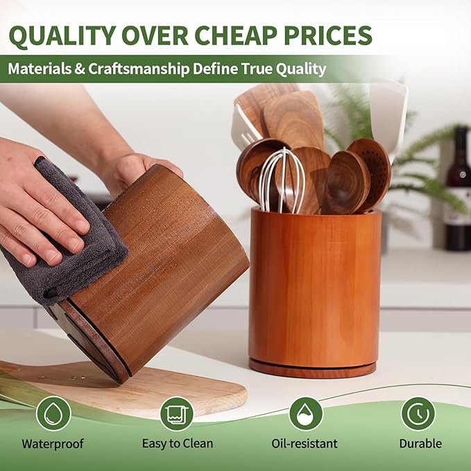 Wooden Utensil Holder, 360°Rotating 7.3'' Large Utensil Holder for Kitchen Counter, Kitchen Utensil Organizer, Utensil Crock, Farmhouse Kitchens Countertop Decor, Cherry