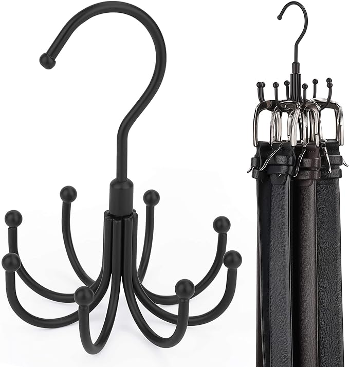 ZEDODIER Belt Hanger, 4 Pack Rotatable Belt Rack Closet Accessories Organizer, Maximum 24 Storage Capacity, Hanging Holder Storage Hook for Belt, Bra, Tank Top, Tie, Scarf, Purse, Black