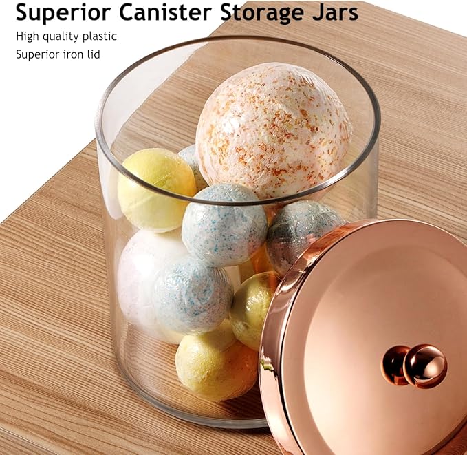 SheeChung 50oz Large Apothecary Jar with Rose Gold Rust-Proof Lid - Shatterproof Plastic Laundry Pods Container - Chic Rose Gold Bathroom & Vanity Storage Organizer for Scent Beads, Salts