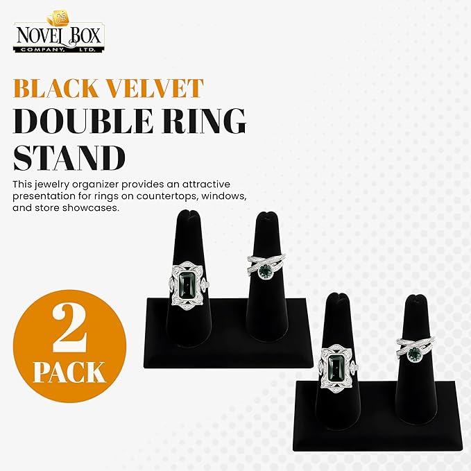 Novel Box 2 Pack Black Velvet Jewelry Double Ring Finger Display Stand 3 5/8 L x 2 1/8 D x2 1/4 H Inches with Square Base - Ring Holder Stand for Selling or Personal Use - Display Stand for Rings
