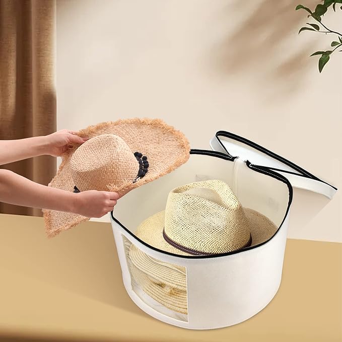 Large Hat Storage Box for Women & Men, 16" D x 10" H Hat Box Organizer，Foldable Round Travel Hat Boxes with Dustproof Lid, Stuffed Toy Storage Bin Bag (Off-white)