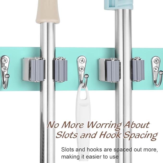 Turquoise Mop Broom Holder Wall Mount with 4 Slots & 4 Hooks - Wood Broom Mop Hanger for Pantry Closet Laundry Room Organization - for Teal Kitchen Decor and Accessories