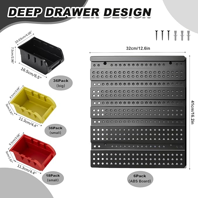 Wall Mounted Storage Bins - Plastic Adjustable Compartment Organizer for Screws, Nuts, Bolts & Tools | Heavy-Duty Home & Garage Organization | Closet, Bedroom, 90PCS (36Y+36B+18R)