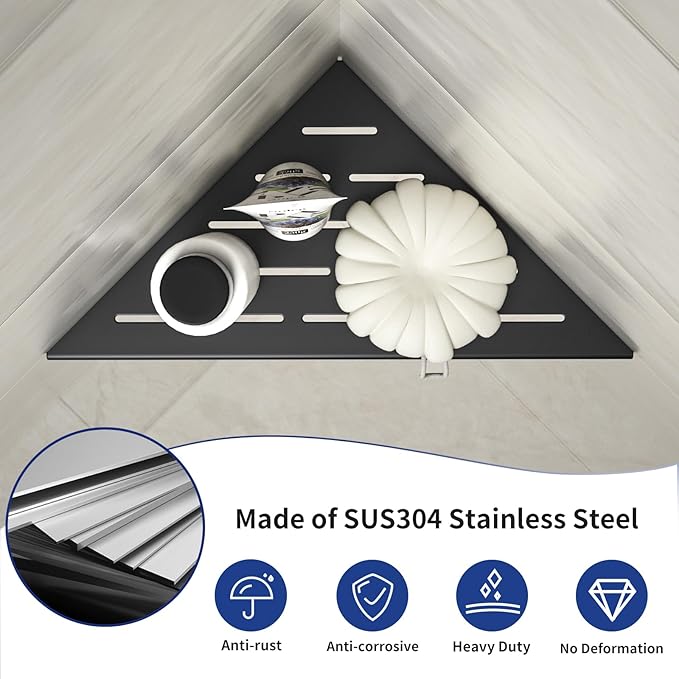 Corner Shower Shelf 10" Matte Black 304 Stainless Steel Slot Design Recessed Corner Shelf Bathroom Grout in Shelf for Tiled Wall