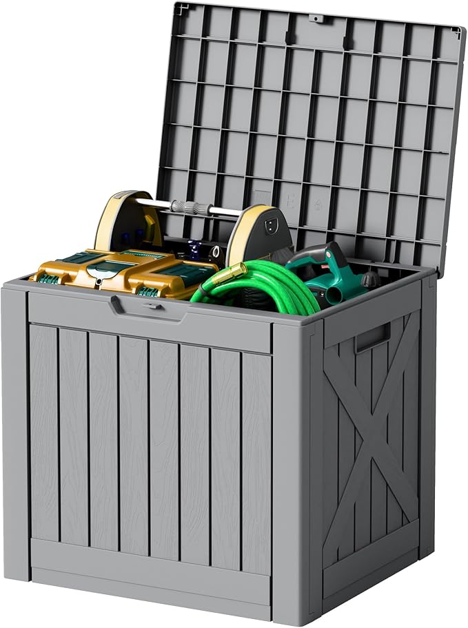 42 Gallon Outdoor Storage Box, Lockable Resin Deck Box for Patio, Yard, and Poolside, Waterproof & Sunproof Organizer for Furniture, Tools, Pool Supplies, Gray