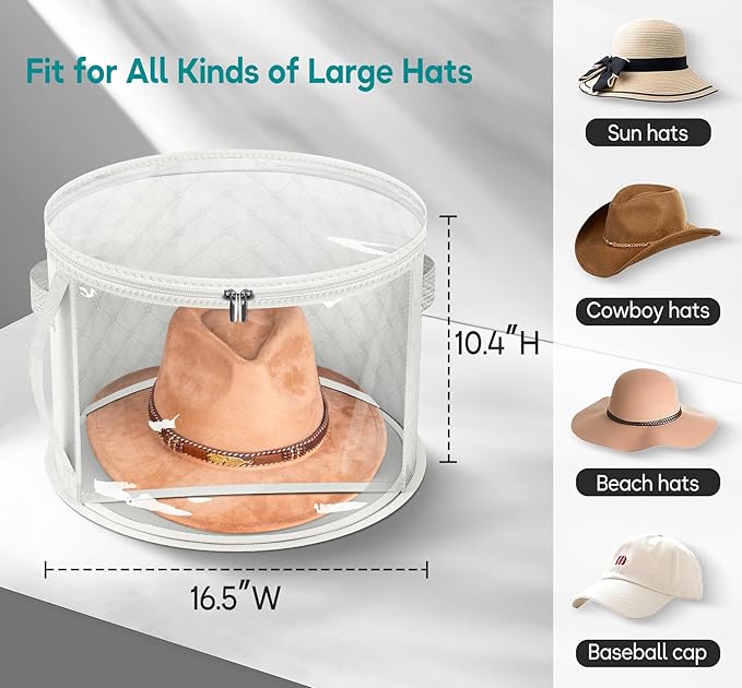 AOODA Oversized Clear Hat Storage Bag for Women, Holds up to 7 Caps Cowboy Hat Organizer for Closet, Wide Brims Hat Case with Carrying Handles (White)