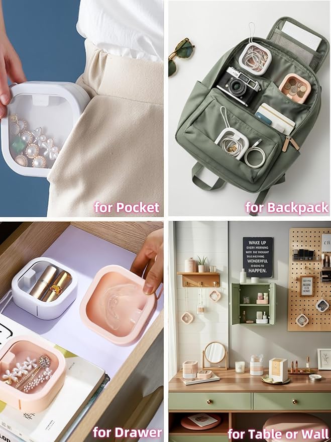 4pcs Hair Tie Organizer 3.74"x3.74",Small Portable Hair Tie Holder Organizer for Girls Travel, Baby Girl Hair Accessories Organizer for Hair Clips,Q-tips,Earrings,rings,Floss,(2Pink&2White)