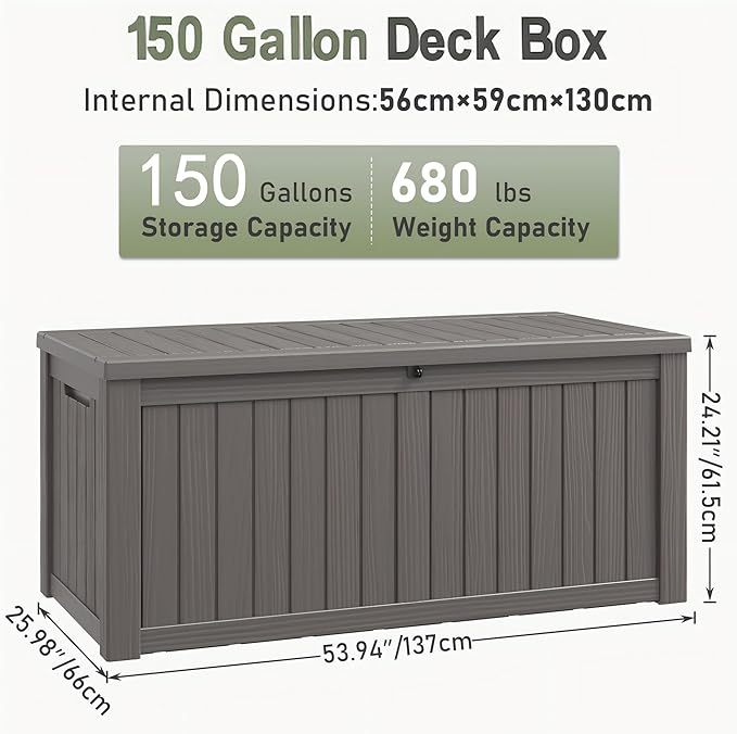 150 Gallon Outdoor Storage Box, Resin Deck Boxes Outdoor Waterproof For Patio Furniture, Garden Tools, Pool Supplies, Lockable And UV Resistant (Striped Gray)