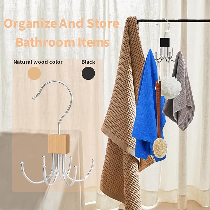 2pcs 360° Rotating 6-Claw Multi-Function Hook Closet Hanging Organizer Hangers for Clothes Hats Scarves Belts, Stainless Steel Rotary Hook Hanger for Kitchen Bathroom Office Home Storage Rack (Khaki)