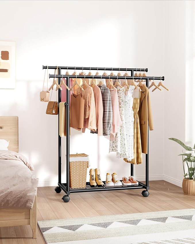 Metal Clothes Rack - Double Rod Clothing Rack with Fixed Extension Rod & Universal Wheels, Coat Rack with Built-In Shelf for Closet Organizers and Storage (38.5" x 16.9" x 59.0", Black)