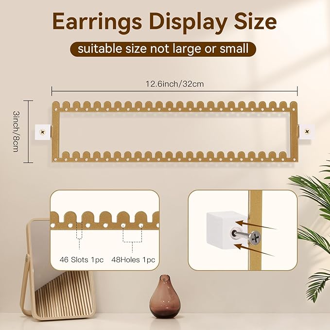 2 Tier Earring Holder Organizer Wall Mounted,2PCS Metal Earring Display Storage with 96 Holes and 92 Grooves Hanging Jewelry Organizer Tree for Stud/Hoop/Dangle Earrings Necklace（Gold）