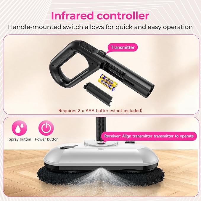 ScrubWiz Cordless Electric Mop, Electric Spin Mop with Water Spray, Powerful Floor Cleaner, Super Quiet Cleaning & Waxing, Mid White
