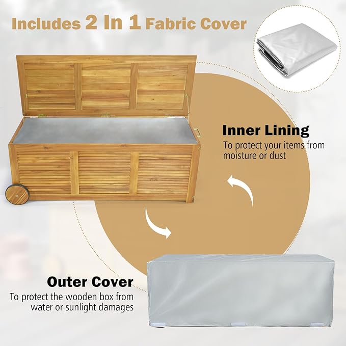 Tangkula 48 Gallon Outdoor Storage Box with Wheels and Waterproof Cover, Patio Wood Deck Box with Side Handle, for Poolside, Garden, Balcony, Yard and Outside