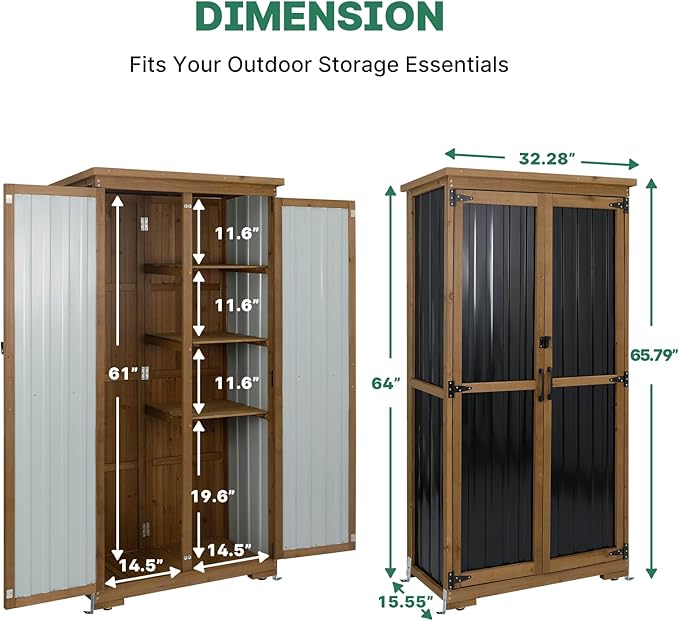 Outdoor Storage Cabinet, Tall Tool Garden Cabinet with Weather-Resistant Roof, Double Lockable Doors, 3 Removable Shelves & Adjustable Feet, for Patio, Garden, Backyard, 32" x 15.5" x 66"