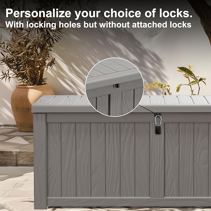 150 Gallon Outdoor Deck Box,Waterproof Resin Outdoor Storage Boxes, Outside Storage Lockable Container for Garden Tools,Indooor Cushions,Accessories (Grey)