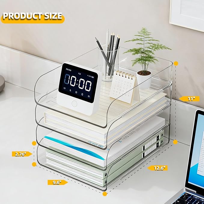 HIYOHIYO 4 Tier Clear A4 Paper Tray, Acrylic Desk Organizer for A4 File, Stackable Paper Organizer for Office, Large Capacity Desktop Letter Holder, Stackable Papers Storage Rack, Vertical Style