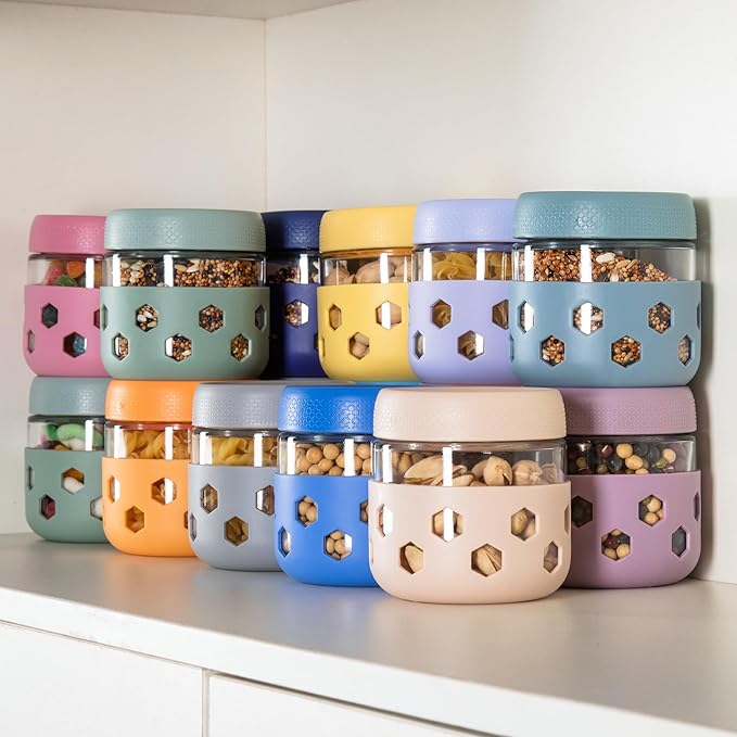 Gemice 6-Pack 10 oz Overnight Oats Containers with Lids and Silicone Sleeves, Glass Mason Jars with Airtight Lid, Dishwasher Safe, Wide Mouth Chia Seed Pudding Meal Prep Jar for Yogurt Berries Snack