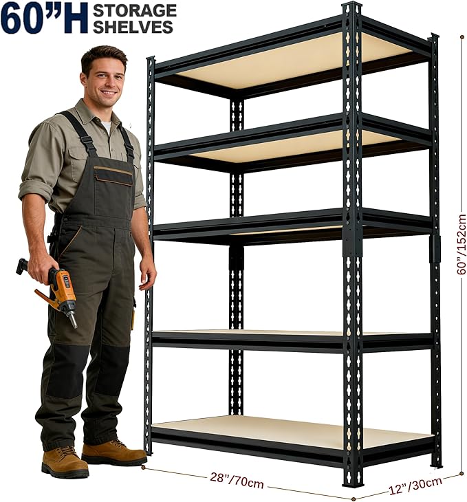60" H x28 W x12 D: Father&I 5-Shelf-Storage-Rack Metal+Wood Garage/Kitchen Pantry Shelves Steel Utility Stand Shelving Unit Adjustable Heavy-Duty Shed Closet/Attic/Laundry Organizer, Black