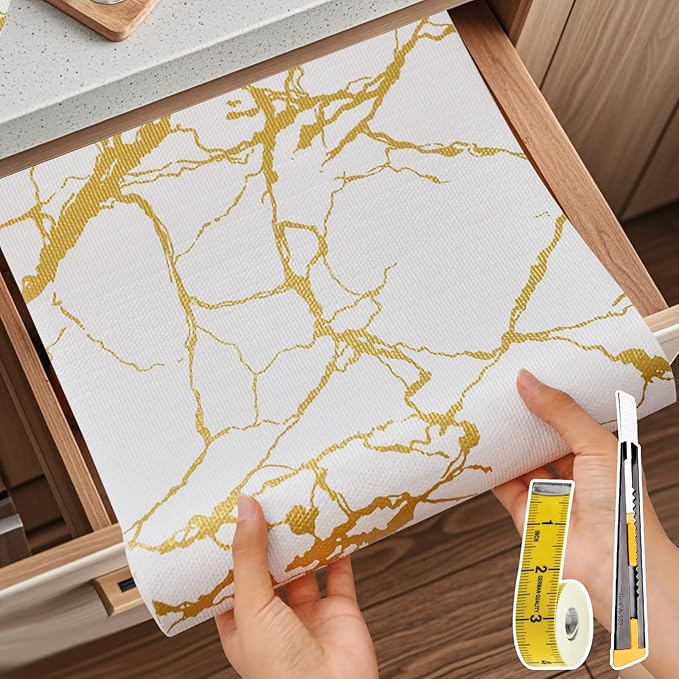 Drawer and Shelf Liner for Kitchen Cabinet Non Slip Waterproof Shelf Paper 12 in X 20 Ft Non Adhesive Refrigerator Liners Gold White Marble Easy Liners for Bathroom Cupboard