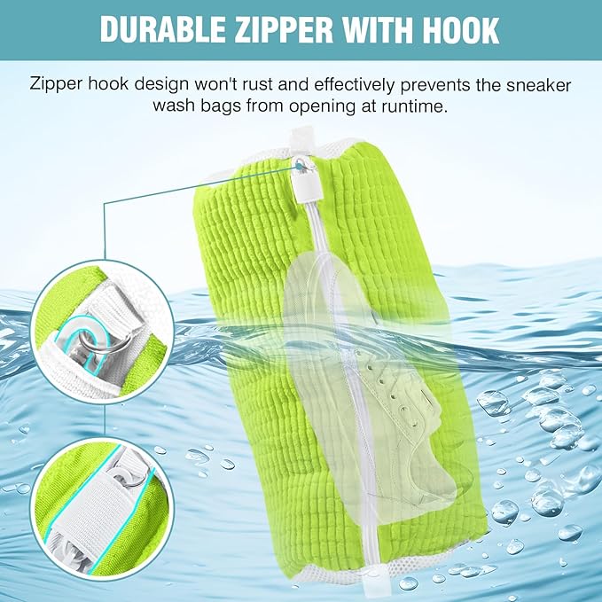 Shoe Washing Machine Bag, Shoe Laundry Bag for Washer and Dryer, Include Dry Net Bag, Reusable and Durable Zipper with Hook Design, Shoe Washing Bag for Sneaker (Green, 2 Pack)