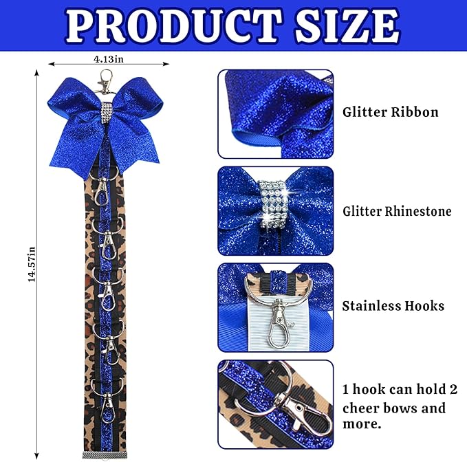 ALIBBON Cheer Bow Holder Glitter Royal Blue Leopard Print Hair Bow Holder Cheer Keychain for Cheerleading Backpack Bag Cheerleader Gifts Sports Cheerleading Bows Storage Hanging Ribbon Chain 5 Clasps