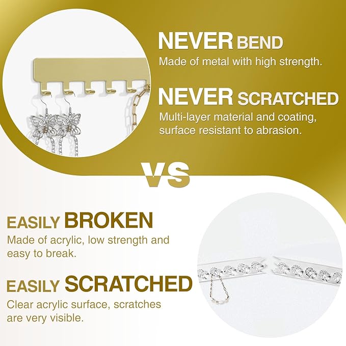 Necklace Holder - Hanging Jewelry Organizer, Self-Adhesive, Wall Mount, 2 PCS, Gold