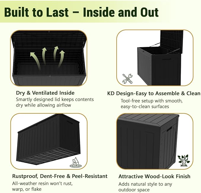 Outdoor Storage Box Waterproof, 100 Gallon Lockable Resin Deck Box Large Storage Bin for Patio Furniture Cushion, Garden Tools, Pool Accessories, UV-Resistant Outside Delivery, Black