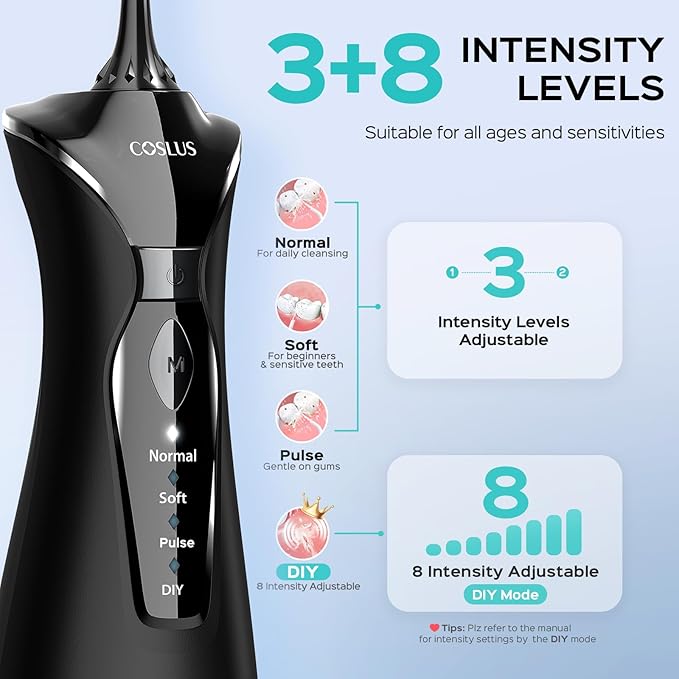 COSLUS Water Dental Flosser Pick for Teeth C30(FC5360): 4 Modes Cordless Portable 300ML Larger Tank Water Teeth Cleaner IPX7 Waterproof Flossing Cleaning Picks for Home Travel Black