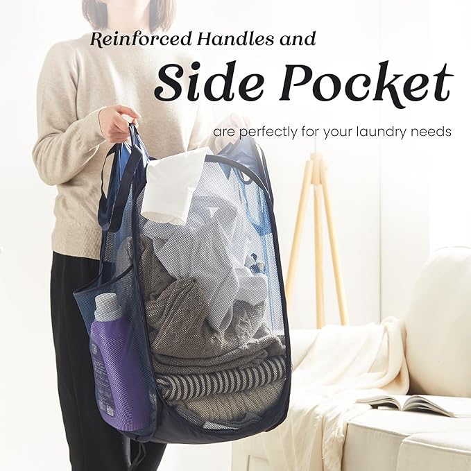 Collapsible Pop Up Laundry Basket, Hamper with Sturdy Handles and Side Pocket - Mesh Portable Foldable Dirty Clothes Hamper for Dorm, Laundry room, Bathroom and Travel Storage, Navy Blue