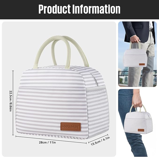 Lunch Bag Women/Men Lunch Box Women/Men (Grey+White Stripes)