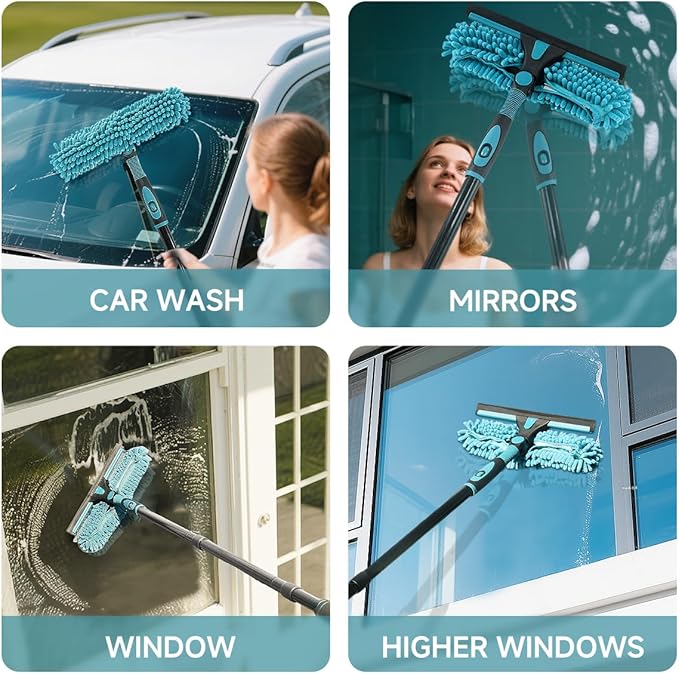Professional 2-in-1 Window Squeegee Cleaner Tool with 62" Extension Pole, Rotatable Bendable Head & Scrubber, Car Glass Cleaning Kit for Windows, Shower, Gas Station - 1 Blade 2 Scrubber