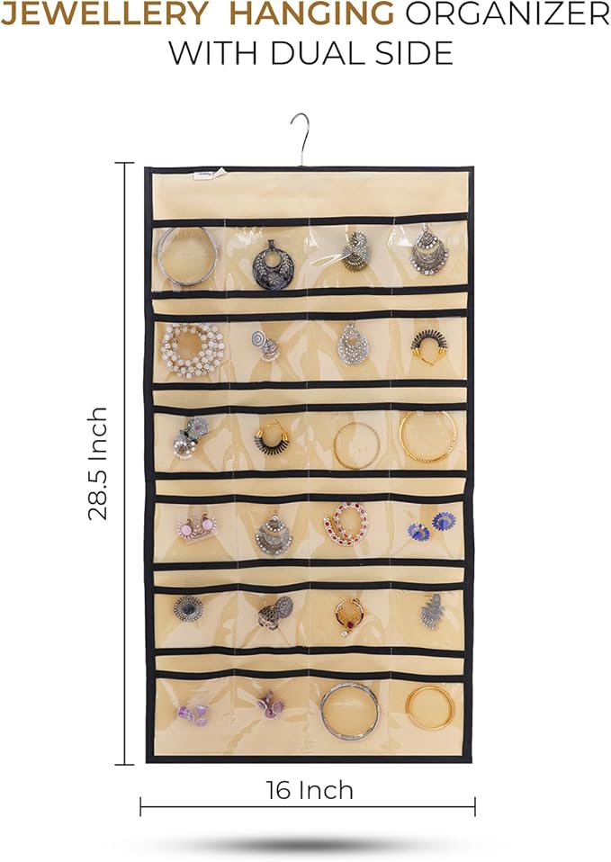 Hanging Jewelry Organizer, Double-Sided Storage with 24 Clear Pockets & 15 Hook Loops, 360° Rotating Hanger, Foldable Closet Jewelry Holder for Necklaces, Bracelets, Rings, Earrings, Beige