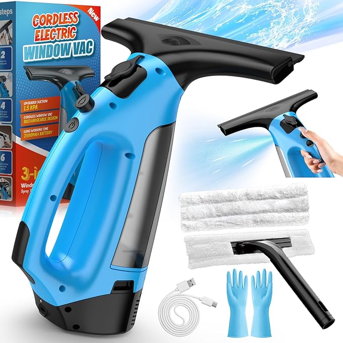 3 in 1 Rechargeable Window Vacuum Squeegee Cordless with 10 Inch Blade, Window Cleaner & Window Cleaning Tool for Spraying, Wiping and Vacuuming Glass, Mirrors, Shower Doors, Tiles and Countertops