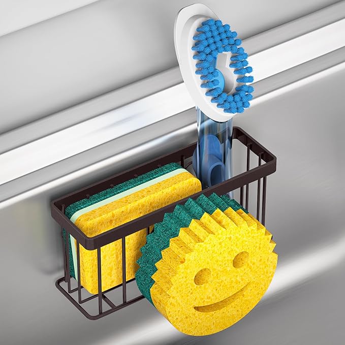 Sponge Holder Smiley Face,Sink Caddy,Sink Organizer with 2 Suction Cups/1 Adhesive Strips,Designed for Sponge,Soap,Dish Brush,Scrubber - Bronze