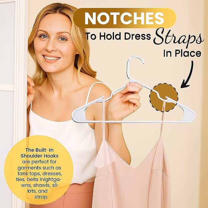 200 Pack Plastic Hanger for Shirt Pants Coats Dresses Skirts Suits Jackets - Standard Thick Coat Hanger - Sturdy & Durable Design with Shoulder Grooves Hook - White