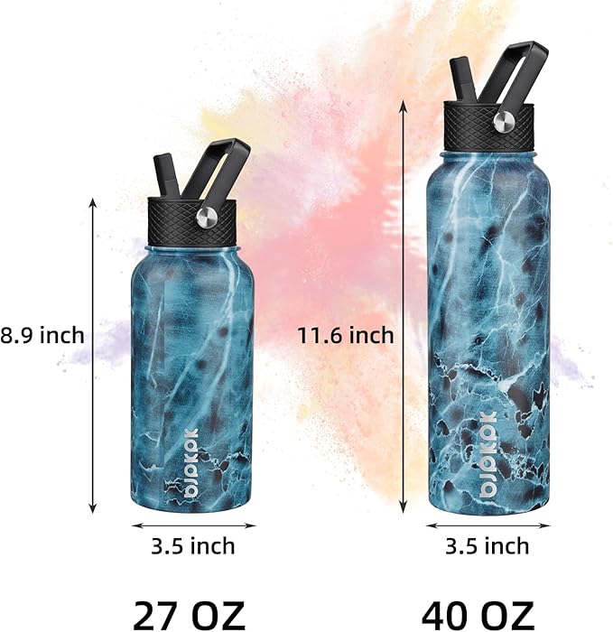 BJPKPK Insulated Water Bottles with Straw Lid, 40oz Stainless Steel Water Bottles with 3 Lids, BPA Free Leakproof Thermo, Tumblers, Cups for Sports, Gym- Ocean