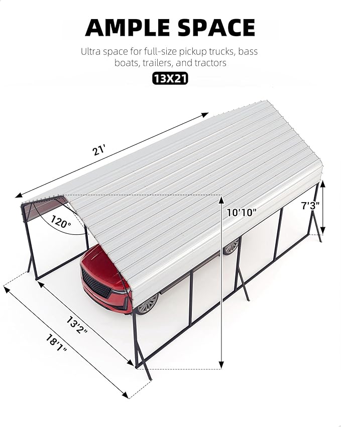 GarveeLife 13 ft x21 ft x11 ft Oversized Metal Carport, Steel Heavy Duty Carport for All-Weather, Permanent Shelter for Bass Boats, Pickup Trucks, and Tractors, N.W. 660 LBS