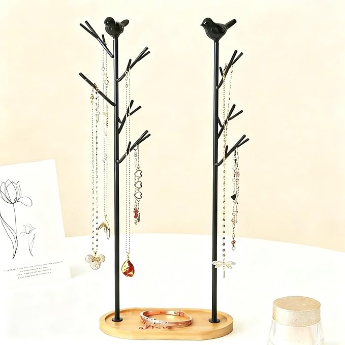 Jewelry rack, bird tree tower, hanging ring, earring, necklace, bracelet, suitable for living room, bathroom, office - black