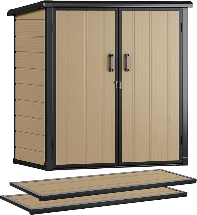 DWVO 54 cuft Outdoor Storage Shed with 2 Shelves, 4.2x2.6x5ft Vertical Tool Shed with Floor & Lockable Doors, Sturdy Double-Wall Plastic Cabinet for Garbage Cans and Garden Equipment (Brown)